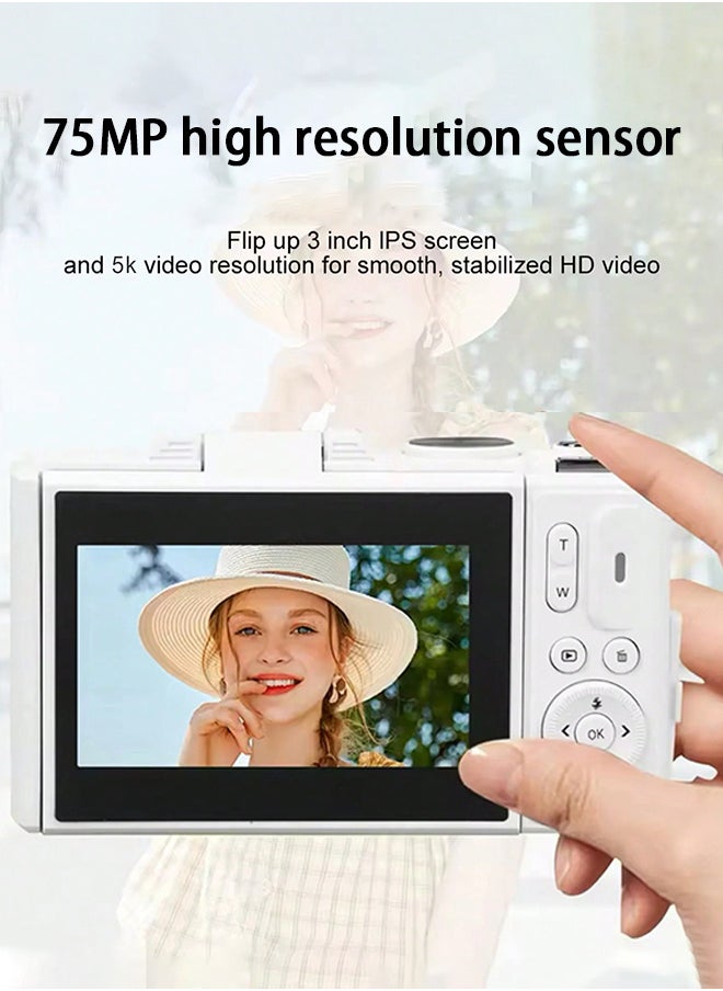 Generic - 5K Digital Camera for Photography and 18X Digital Zoom Camera 75MP Compact Vlogging You Tube Camera 3'' Flip Screen with Flash,with 128G Card,Card reader - Image 1