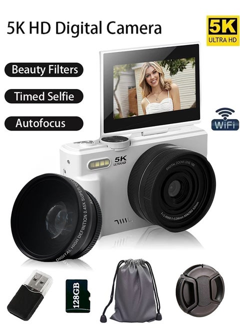 5K Digital Camera for Photography and 18X Digital Zoom Camera 75MP Compact Vlogging You Tube Camera 3'' Flip Screen with Flash,with 128G Card,Card reader