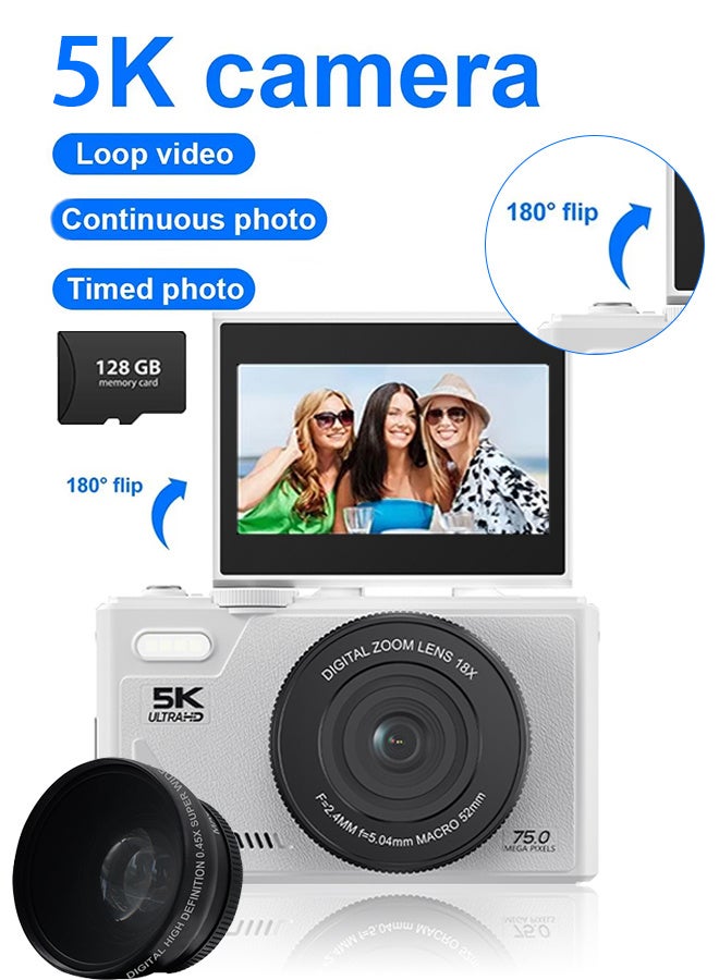 Generic 5K Digital Camera for Photography and 18X Digital Zoom Camera 75MP Compact Vlogging You Tube Camera 3'' Flip Screen with Flash,with 128G Card,Card reader  - Image 1