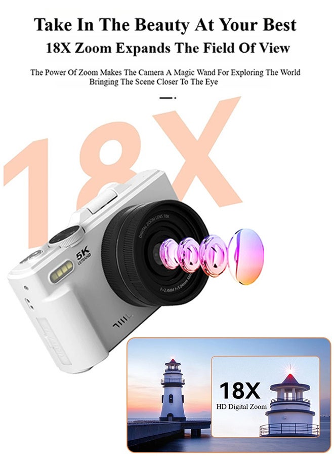 Generic 5K Digital Camera for Photography and 18X Digital Zoom Camera 75MP Compact Vlogging You Tube Camera 3'' Flip Screen with Flash,with 128G Card,Card reader - Image 2