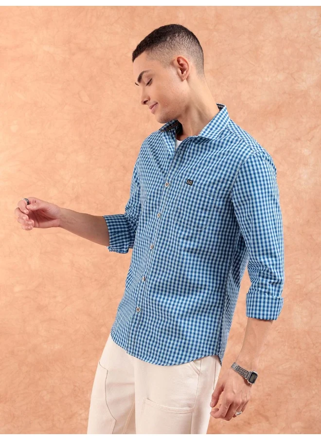 شركة المرآب الهندية Blue Slim Fit Casual Other Checks Spread Collar Full Sleeves Cotton Shirt