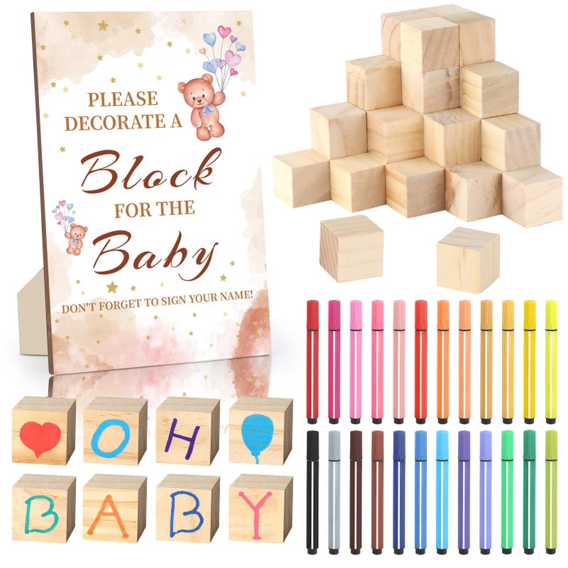 wookidel Baby Shower Games Sign Kit with 50 Blank Wooden Baby Blocks 24 Acrylic Paint Marker and Wooden Sign Blocks for Baby Shower Games Gender Reveals PartyBear - Image 2