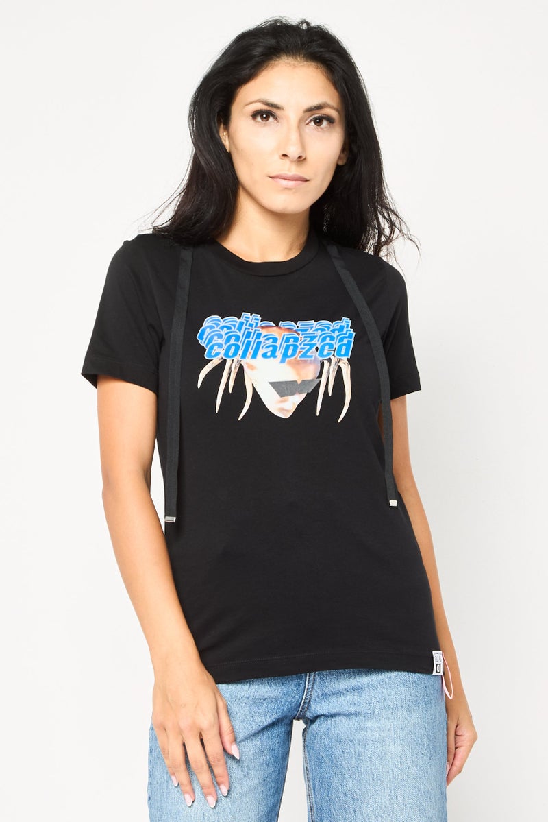 DIESEL تي شيرت نسائي بأكمام قصيرة وياقة دائرية، مطبوع برسومات، أسود - Image 1