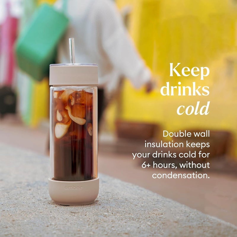 Ember Cold Tumbler 16 oz â€“ Insulated Glass Iced Coffee Cup with Straw & Spill-Proof Lid, Keeps Drinks Cold, Eliminates Condensation, Modern Double-Wall Design, Sandstone - Image 2
