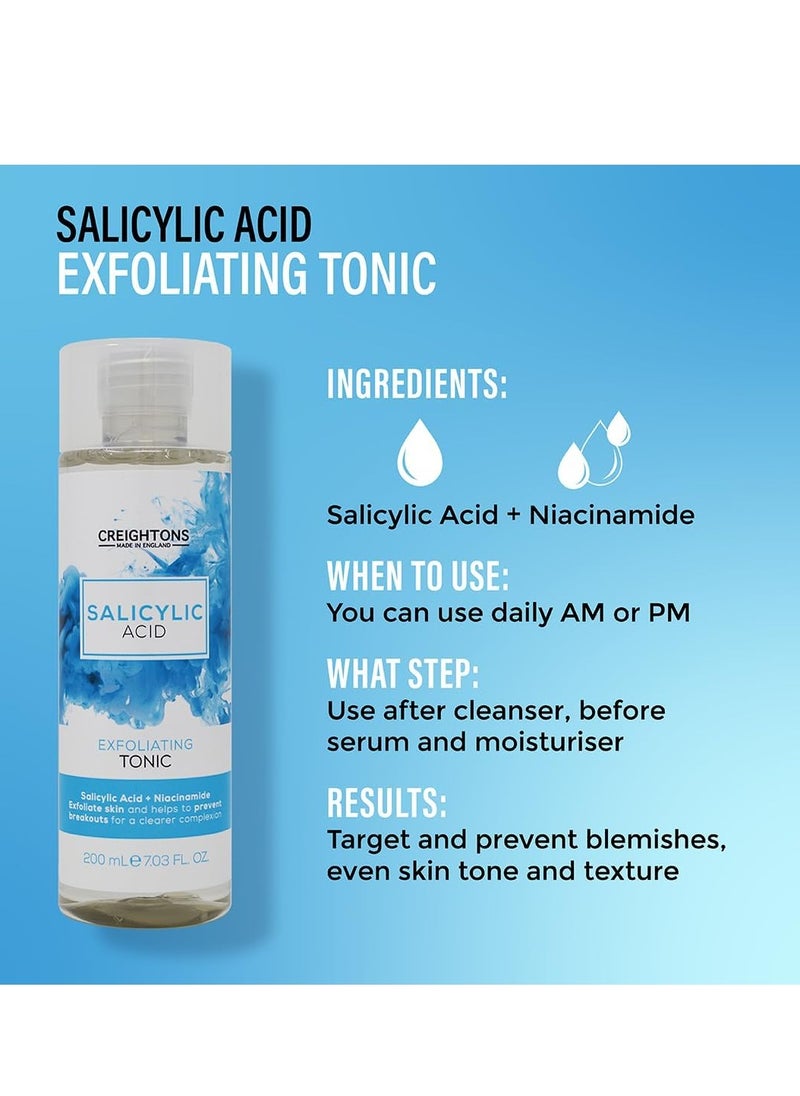 CREIGHTONS - Salicylic Acid Exfoliating Tonic 200ml Reduces Blemishes Uneven Skin Tone and Texture 1 Salicylic Acid and 1percent Niacinamide Dermatologically Tested Vegan and Cruelty Free - Image 1