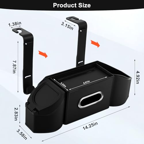 Hiitytin 7-In-1 Car Seat Back Organizer with Cup Holders, Tissue Box, Garbage Can&Hooks, Multifunctional Headrest Storage Organizer, Headrest Cup Holder for Backseat, Car Accessories for Trips, Travels(Black) - Image 2