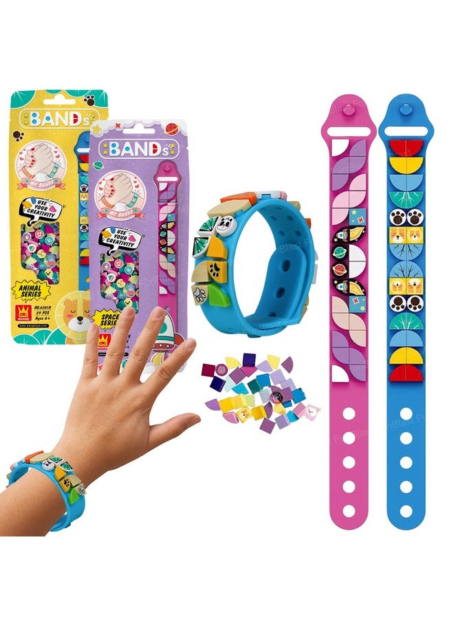 فنبلاست مجموعة أساور خرز معصم للأطفال من فن بلاست - طقم من قطعتين، أدوات يدوية إبداعية لصنع أساور للأطفال، أساور صداقة، أساور سيليكون للأطفال، أساور كهدية عيد ميلاد (فضاء-حيوان) - Image 1