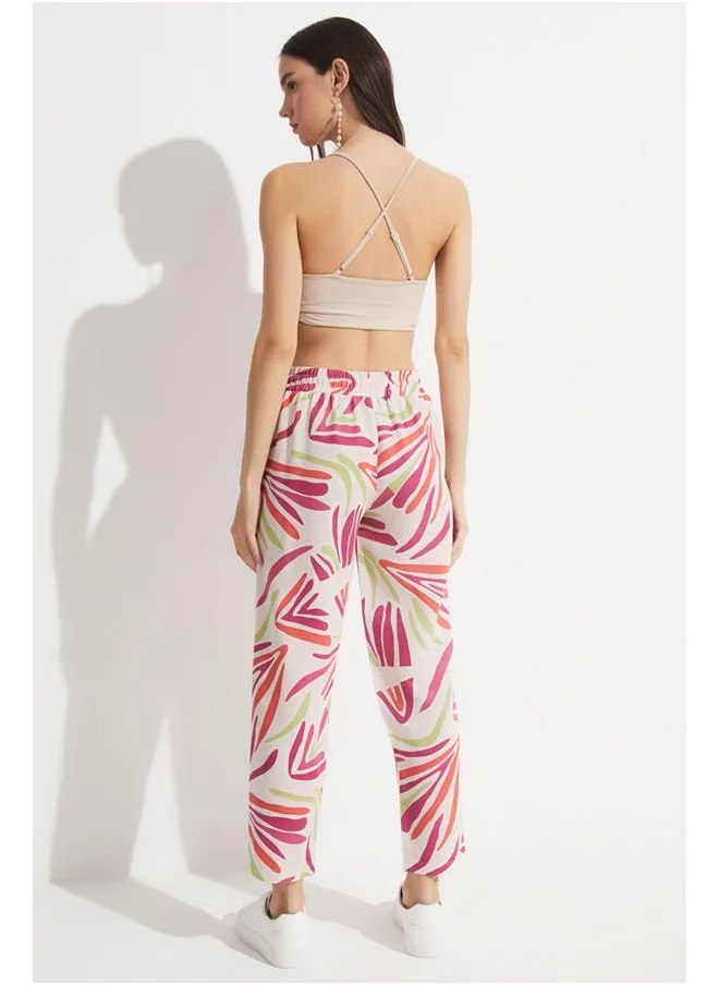JUNE June Women Exclusive Elastic Waist Viscose Blend Patterned Jogger Woven Trouser Fuchsia