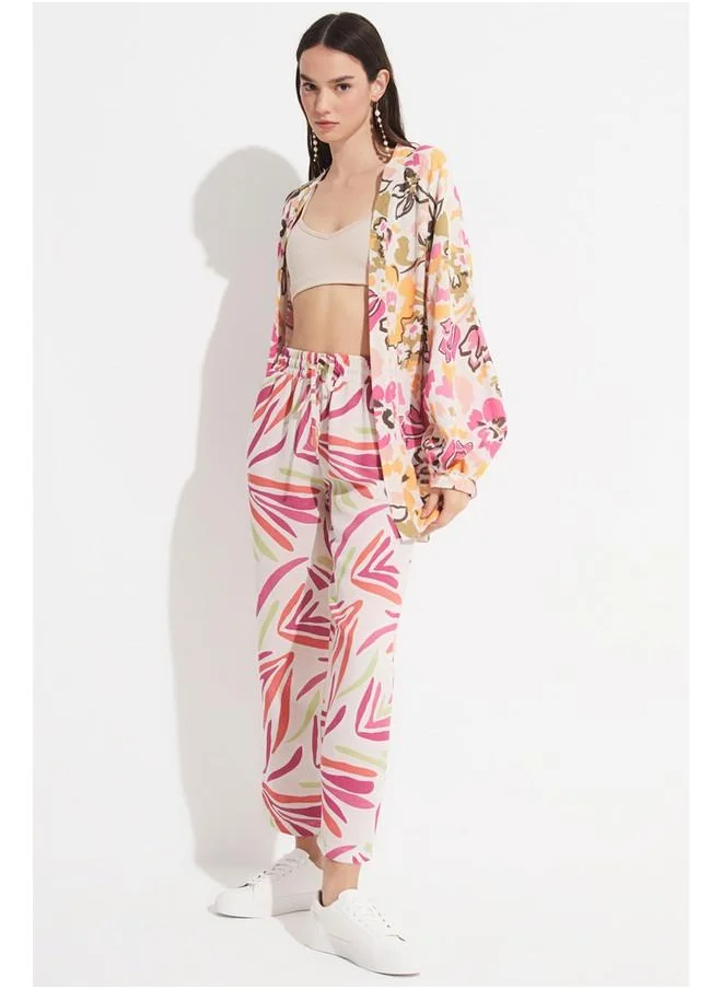 جون June Women Exclusive Elastic Waist Viscose Blend Patterned Jogger Woven Trouser Fuchsia