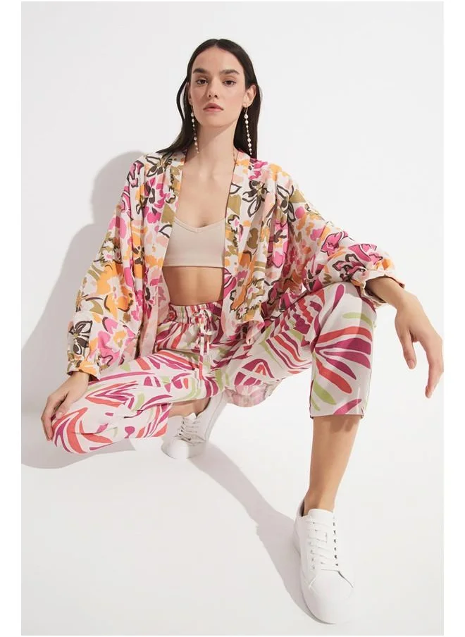 JUNE June Women Exclusive Elastic Waist Viscose Blend Patterned Jogger Woven Trouser Fuchsia