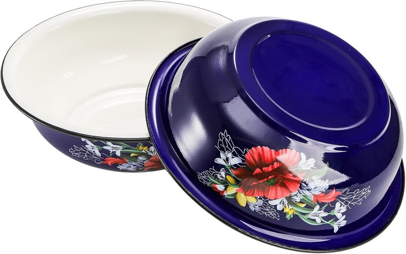 Lawei Set of 2 Enamel Bowl, 4 Quart Large Enamel Salad Serving Mixing Bowl with Black Rim, Vintage Enamelware Plate Dish for Fruit Salad Pasta Soup Dinner, Round Dough Making Bowl Washing Basin, 12in - Image 3