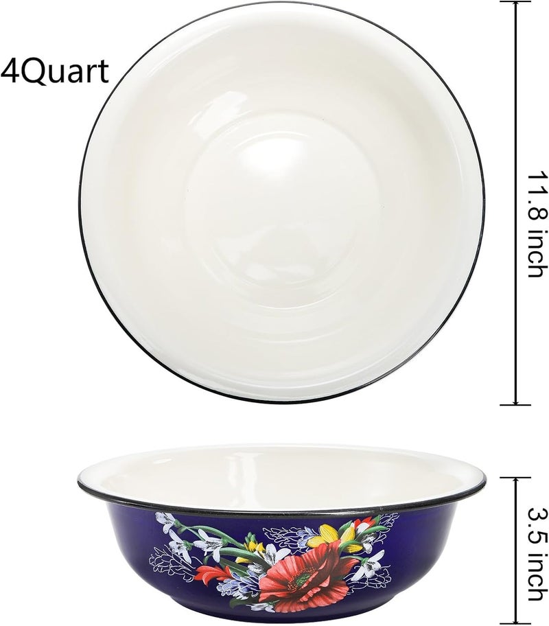 Lawei Set of 2 Enamel Bowl, 4 Quart Large Enamel Salad Serving Mixing Bowl with Black Rim, Vintage Enamelware Plate Dish for Fruit Salad Pasta Soup Dinner, Round Dough Making Bowl Washing Basin, 12in - Image 2