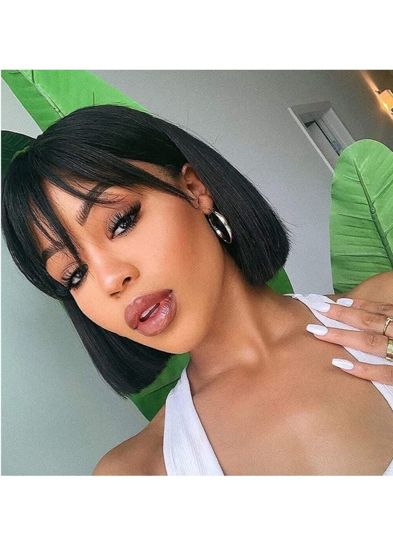 إستيل شعر مستعار قصير بوب مع الانفجارات شعر بشري برازيلي مستقيم 150٪ كثافة بدون دانتيل أمامي شعر مستعار بدون غراء مصنوع آليًا شعر مستعار بوب للنساء السود اللون الطبيعي - Image 1