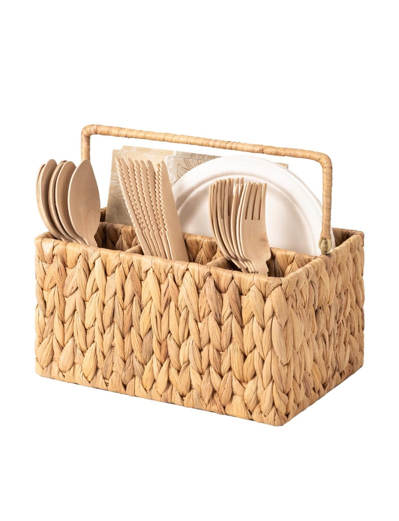 StorageWorks HandWoven Wicker Silverware Organizer Water Hyacinth Cutlery Holder for Countertop with Handle 1Pack
