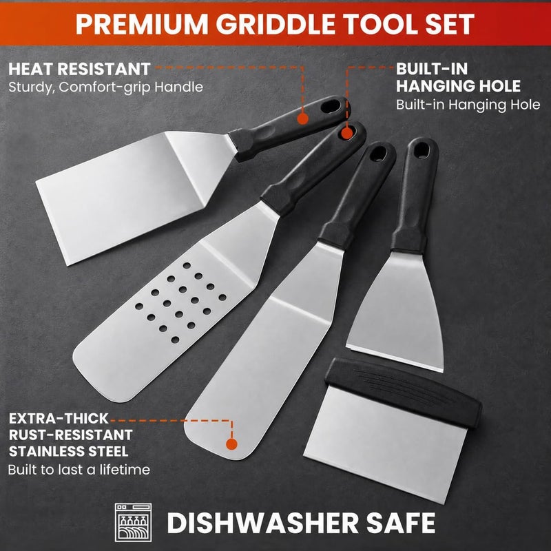 Yekale Griddle Accessories Kit, 135 Pcs Griddle Grill Tools Set for Blackstone and Camp Chef, Professional Grill BBQ Spatula Set with Basting Cover, Spatula, Scraper, Bottle, Tongs, Egg Ring - Image 2