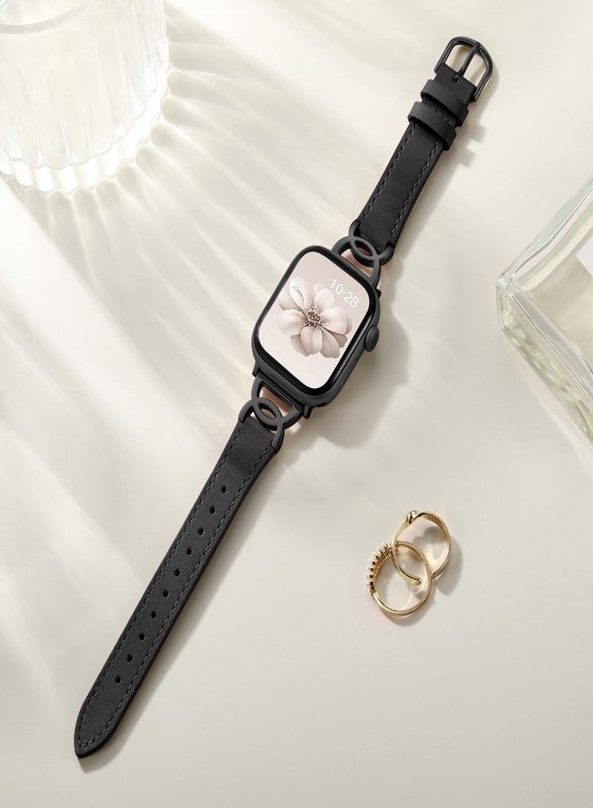 DaQin Slim Leather Band Compatible with Apple Watch Bands for Women 40mm 38mm 41mm 42mm, Dressy Leather Strap with Designer DC-shaped Buckle for iWatch Bands Series 11 10 9 8 7 6 5 4 3 2 1 SE,Black - Image 3