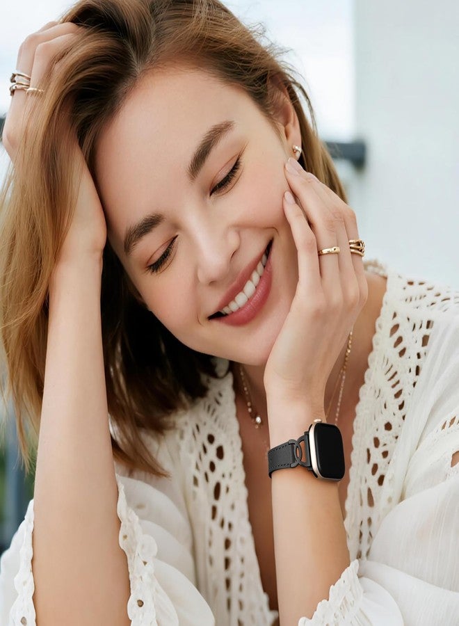 DaQin Slim Leather Band Compatible with Apple Watch Bands for Women 40mm 38mm 41mm 42mm, Dressy Leather Strap with Designer DC-shaped Buckle for iWatch Bands Series 11 10 9 8 7 6 5 4 3 2 1 SE,Black - Image 4