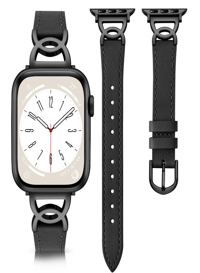 DaQin Slim Leather Band Compatible with Apple Watch Bands for Women 40mm 38mm 41mm 42mm, Dressy Leather Strap with Designer DC-shaped Buckle for iWatch Bands Series 11 10 9 8 7 6 5 4 3 2 1 SE,Black - Image 1