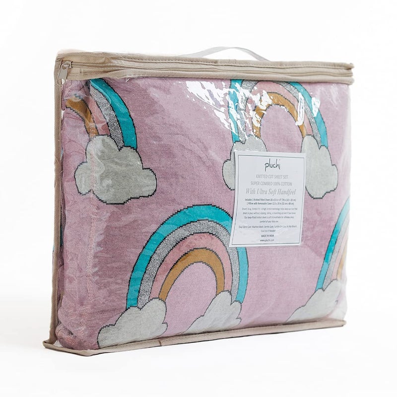 Pluchi Rainbow Light Pink Cotton Knitted Cot Sheet & Pillow Set for Babies, 70 Cm x 132 Cm + 20 Cm - Image 5