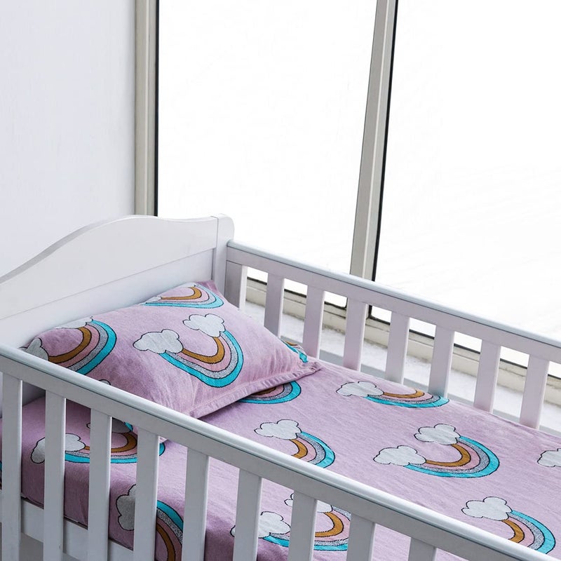 Pluchi Rainbow Light Pink Cotton Knitted Cot Sheet & Pillow Set for Babies, 70 Cm x 132 Cm + 20 Cm - Image 4