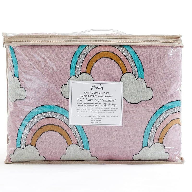 Pluchi Rainbow Light Pink Cotton Knitted Cot Sheet & Pillow Set for Babies, 70 Cm x 132 Cm + 20 Cm - Image 1
