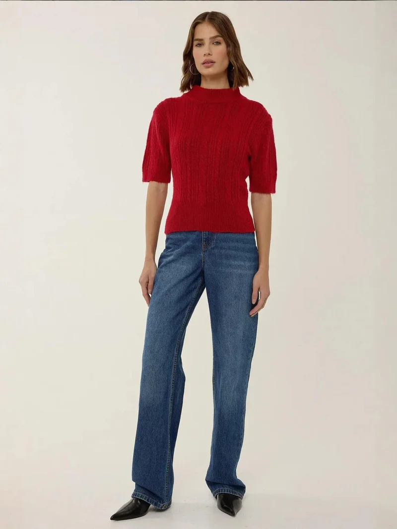 HICCUP Short Sleeve Half Turtleneck Hair Braid Knit Sweater