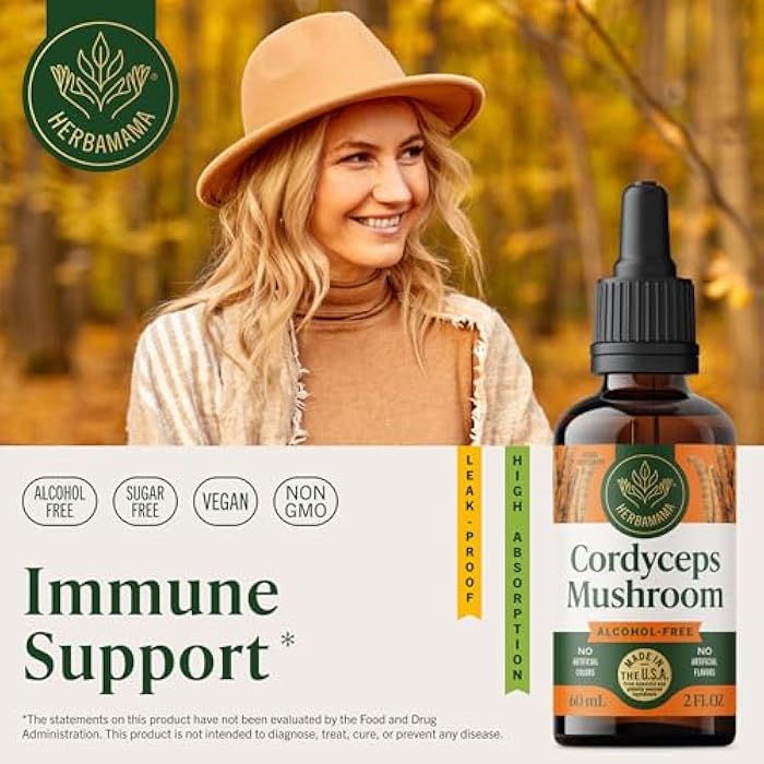 HERBAMAMA Cordyceps Sinensis Tincture - Vegan Immune Support & Defense with Cordyceps Mushroom Extract Drops - Non-GMO, Alcohol & Sugar-Free Liquid Immunity Supplement, 28-Day Supply - Image 2
