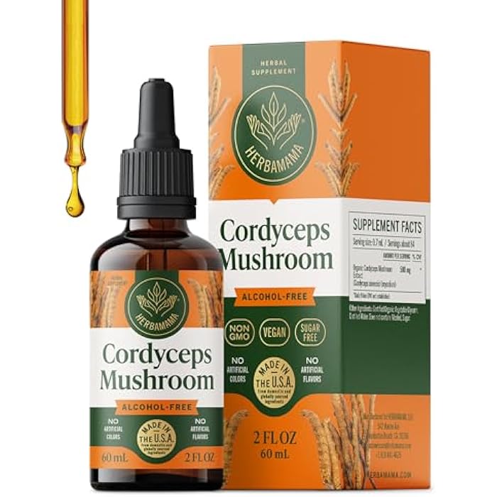 HERBAMAMA Cordyceps Sinensis Tincture - Vegan Immune Support & Defense with Cordyceps Mushroom Extract Drops - Non-GMO, Alcohol & Sugar-Free Liquid Immunity Supplement, 28-Day Supply - Image 1