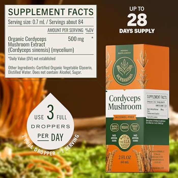 HERBAMAMA Cordyceps Sinensis Tincture - Vegan Immune Support & Defense with Cordyceps Mushroom Extract Drops - Non-GMO, Alcohol & Sugar-Free Liquid Immunity Supplement, 28-Day Supply - Image 3