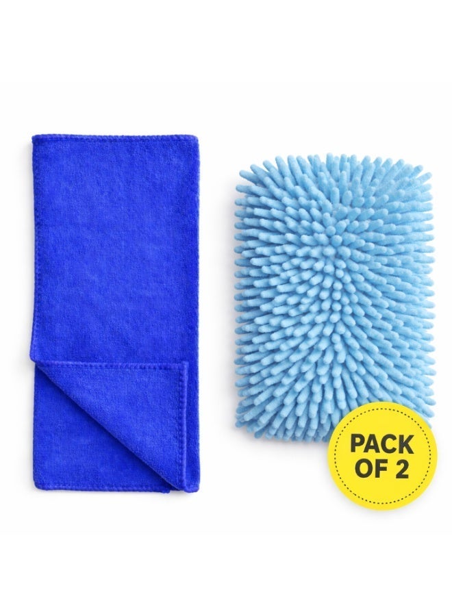 (Set of 2) Cleaning Kit – Microfiber Cloth 40x40 cm + Wash Sponge – Ultra Absorbent Scratch-Free for Car Detailing, Washing & Home - Blue - Image 2