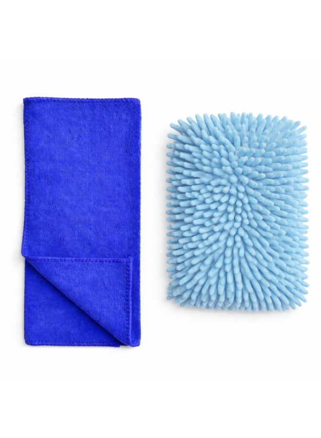 (Set of 2) Cleaning Kit – Microfiber Cloth 40x40 cm + Wash Sponge – Ultra Absorbent Scratch-Free for Car Detailing, Washing & Home - Blue - Image 1