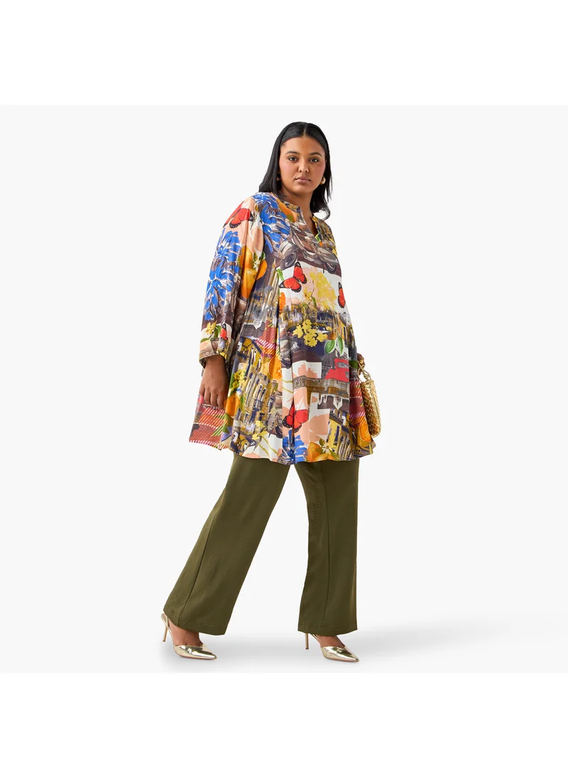 Ulla Popken Plus Size Ulla Popken Wide Leg Trousers with Tie-Up Waist