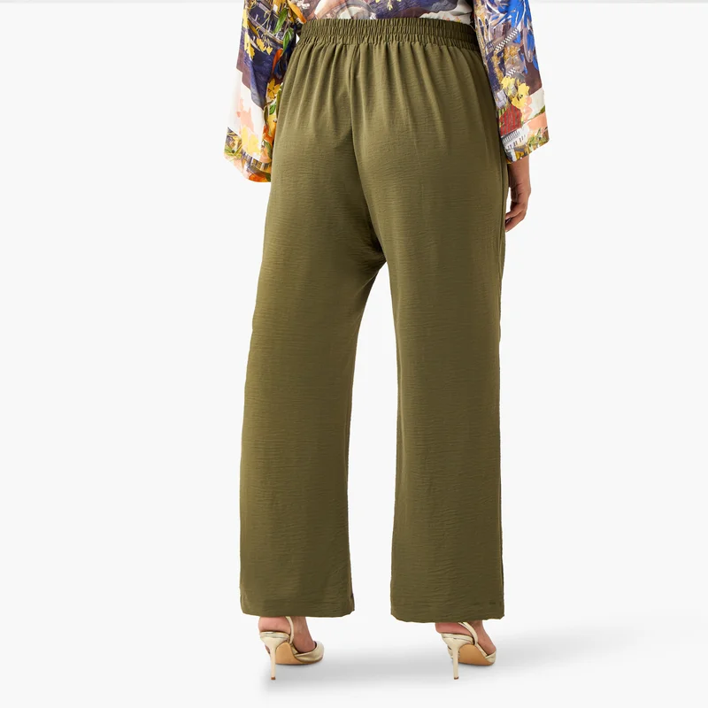 Ulla Popken Plus Size Ulla Popken Wide Leg Trousers with Tie-Up Waist