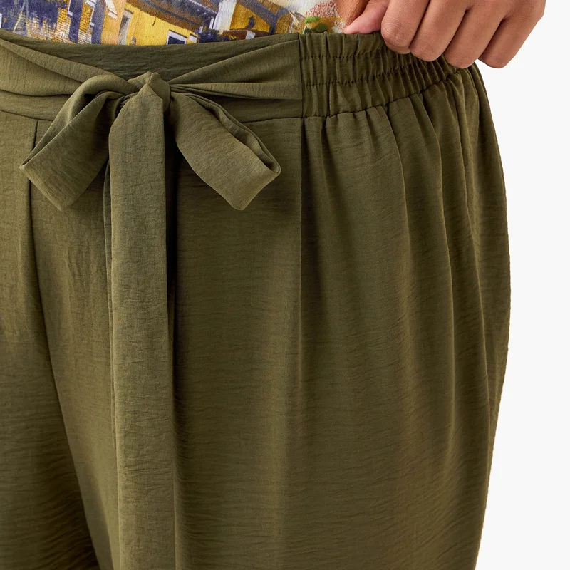 Ulla Popken Plus Size Ulla Popken Wide Leg Trousers with Tie-Up Waist
