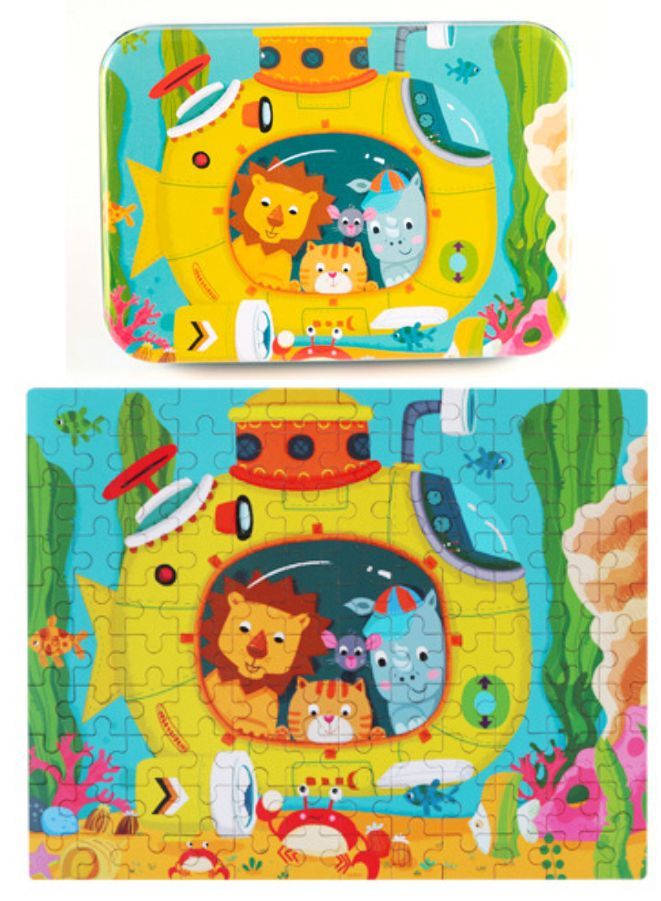 ألغاز خشبية 120 قطعة حيوانات كرتونية من حكايات خرافية مجموعة تعليمية مبكرة للأطفال لعبة مونتيسوري هدية للأطفال، غواصة - Image 1