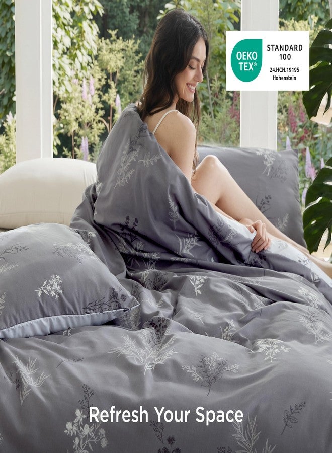 Bedsure Duvet Cover King Size - Reversible Floral Duvet Cover Set with Zipper Closure, 3 Pieces Grey Bedding Set with 8 Corner Ties and 2 Pillowcases 20"x36" - Image 2