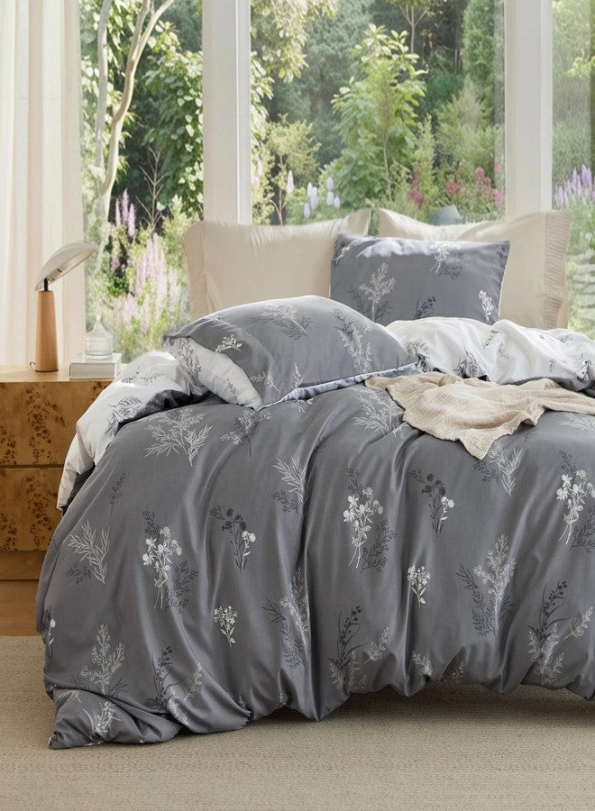 Bedsure Duvet Cover King Size - Reversible Floral Duvet Cover Set with Zipper Closure, 3 Pieces Grey Bedding Set with 8 Corner Ties and 2 Pillowcases 20"x36" - Image 1