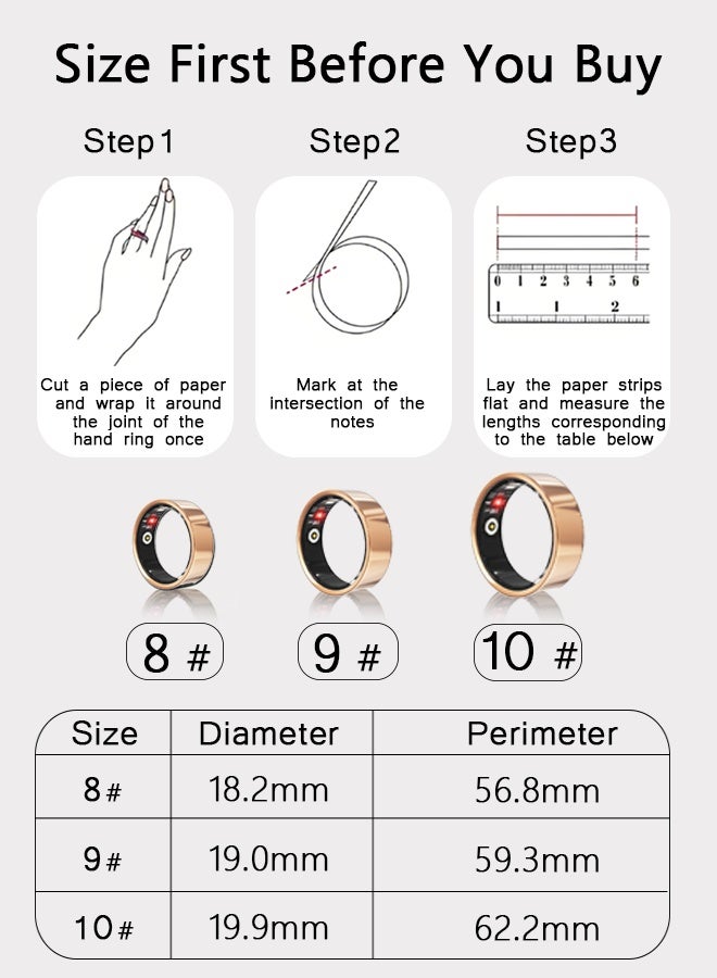 Smart Ring, Health Tracker for Women Men, Fitness Tracker with Heart Rate, Blood Oxygen, Sleep Monitor, Calories, Step Counter, IP68 Waterproof Smart Ring for iPhone & Android, No Subscription Fee (Gold, 10#) - Image 3