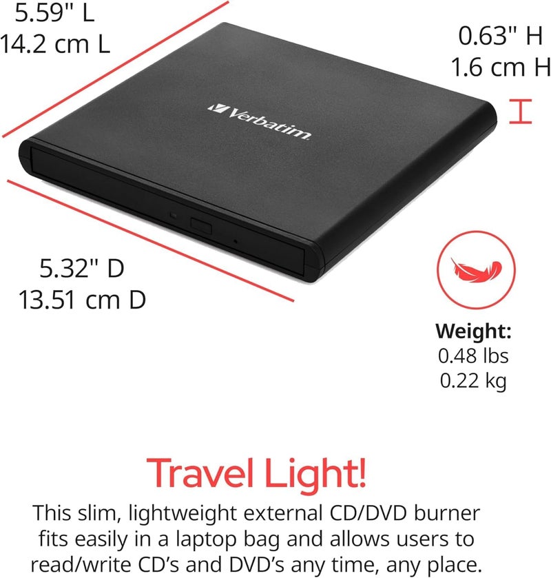VERBATIM محرك أقراص CD / DVD نحيف - محرك أقراص DVD +/-RW خارجي USB 2.0 لأجهزة الكمبيوتر المحمولة والدفترية مع دعم M-DISC - متوافق مع Mac و PC - يتضمن برنامج Nero Burn & Archive - أسود - Image 2