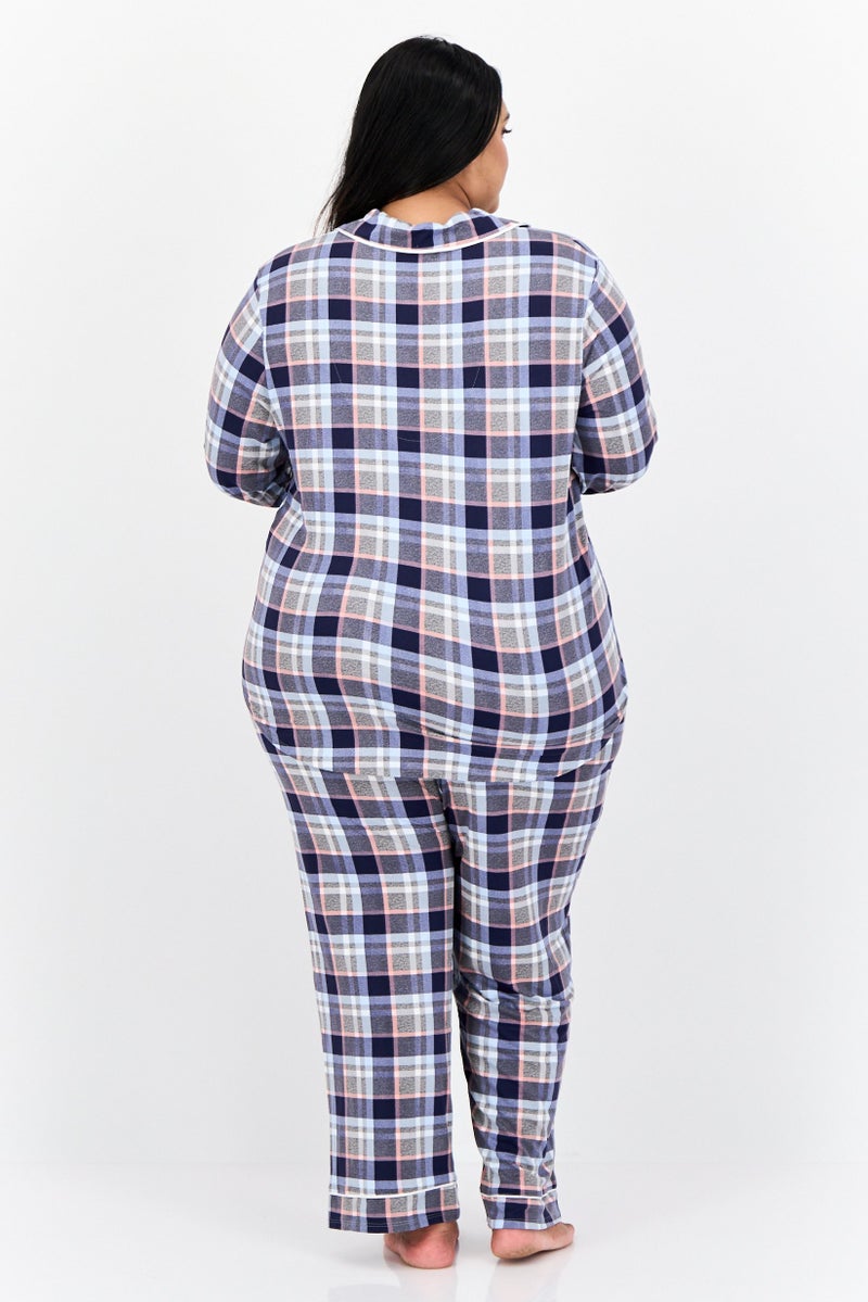 ELLEN TRACY Women 2 Pieces Plus Size Checkered Pajama Top And Pants, Multicolour - Image 2