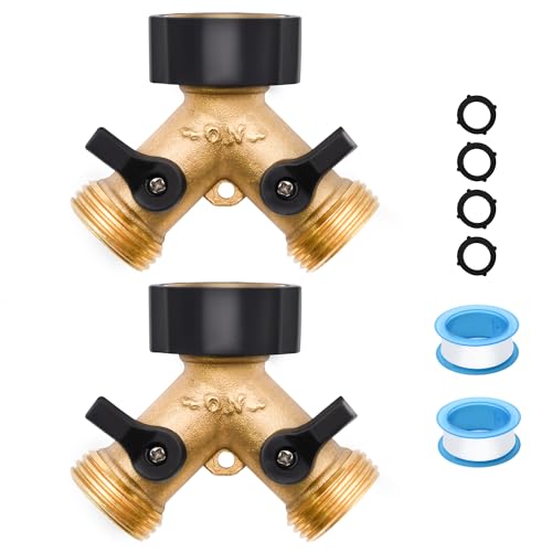 LFSEMINI 2 Pack Hose Splitter, 2 Way Heavy Duty Brass Garden Hose Splitter, for 3/4" Hose Connector, Brass Garden Hose Manifold with Rubber Washers & Tapes - Image 1