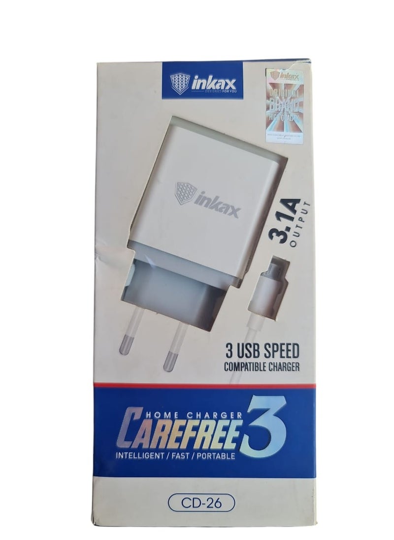 إنكاكس شاحن Inkax CD-26 المحمول لجميع الهواتف المحمولة بقوة 3.1 أمبير مع 3 منافذ شحن USB وكابل بيانات Micro USB باللون الأبيض  - Image 1