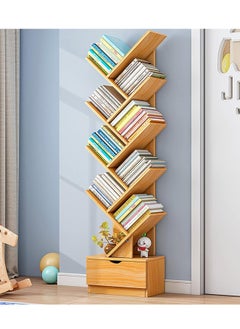 Tree Bookshelf, 8 Shelf Wood Bookcase with Drawer, Modern Book Storage, Free Standing Tree Bookcase, Tall Narrow Corner Shelving for Home Office, Living Room, Bedroom