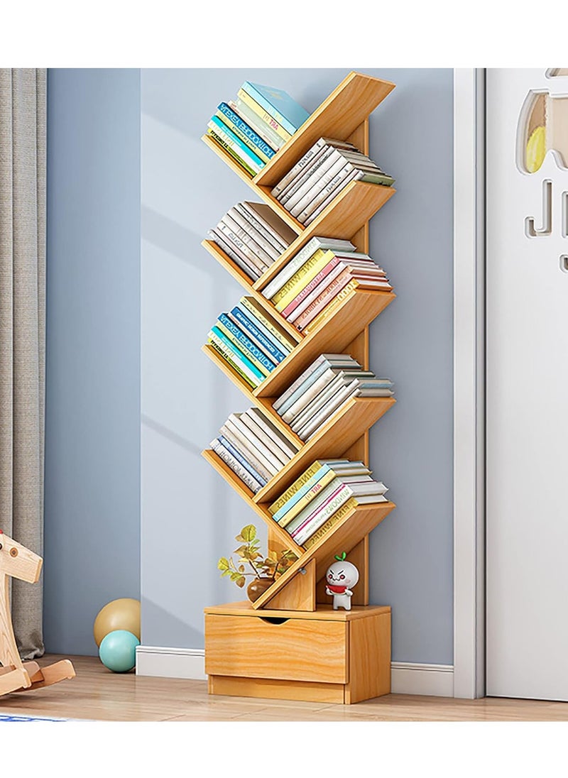 DubaiGallery - Tree Bookshelf, 8 Shelf Wood Bookcase with Drawer, Modern Book Storage, Free Standing Tree Bookcase, Tall Narrow Corner Shelving for Home Office, Living Room, Bedroom - Image 1