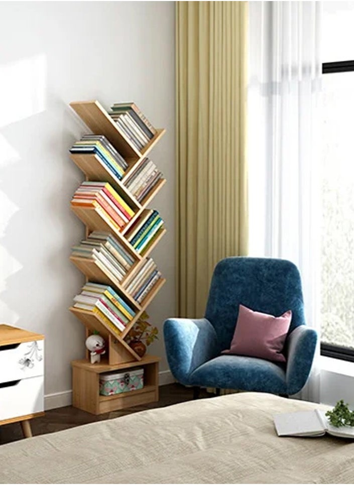DubaiGallery - Tree Bookshelf, 8 Shelf Wood Bookcase with Drawer, Modern Book Storage, Free Standing Tree Bookcase, Tall Narrow Corner Shelving for Home Office, Living Room, Bedroom - Image 1