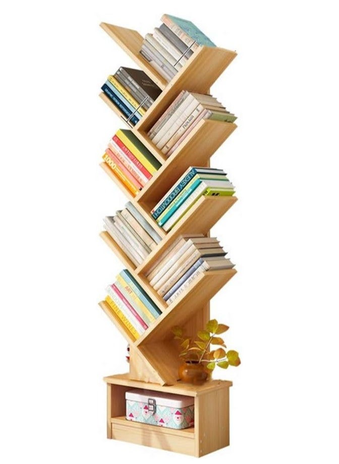 DubaiGallery - Tree Bookshelf, 8 Shelf Wood Bookcase with Drawer, Modern Book Storage, Free Standing Tree Bookcase, Tall Narrow Corner Shelving for Home Office, Living Room, Bedroom - Image 1