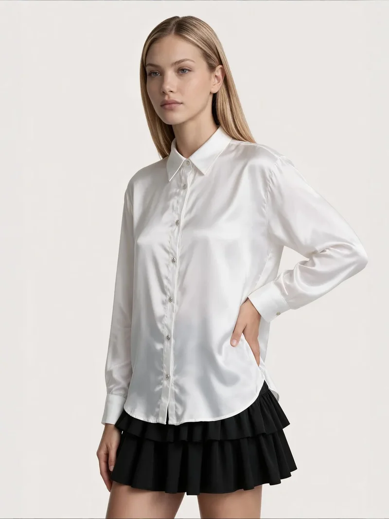 Jennyfer Women's Solid Woven Shirt-Collar T-Shirt