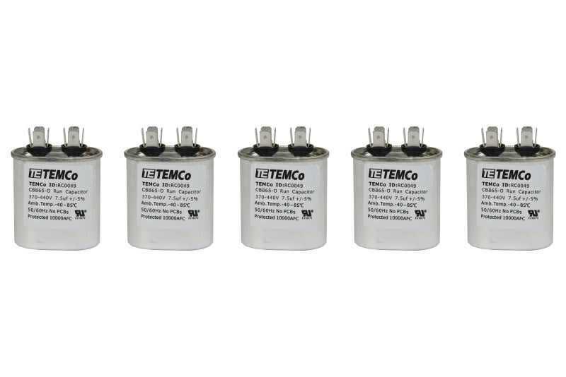 TEMCo Industrial 5 Pack TEMCo 7.5 uF Run Capacitor CBB65, 7.5 MFD, 370-440V, Oval, 50/60Hz | for HVAC AC Fan, Motor, Blower Applications - Image 1