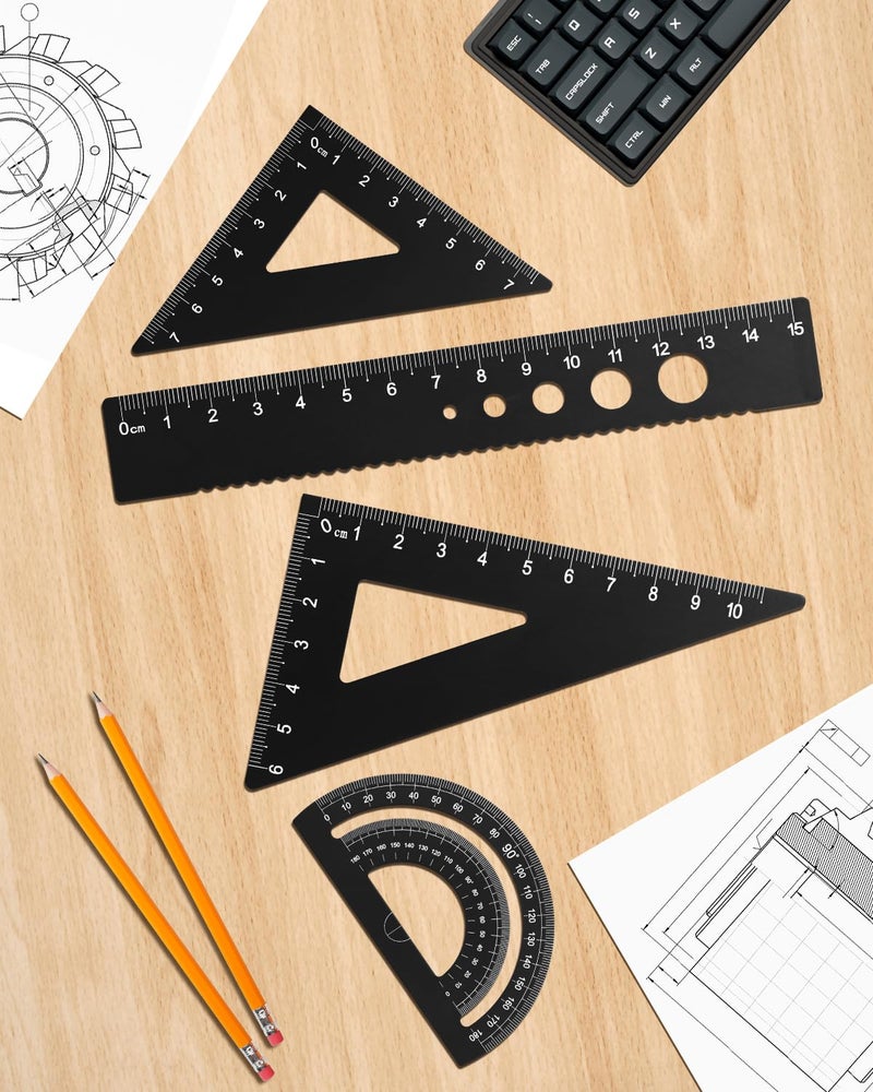 Honagu Triangular Ruler Set, 4 Pieces Aluminum Alloy Ruler, Metal Drafting Ruler, Geometric Protractor for Students, Draftsmen, Engineers, School Office Supplies (Black) - Image 5