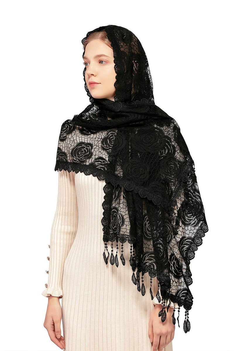 Wgior Rose Rectangular Chapel Veil Scarf Catholic Church Veils Mantilla Wrap Shawl Mass Head Covering (Black) - Image 1